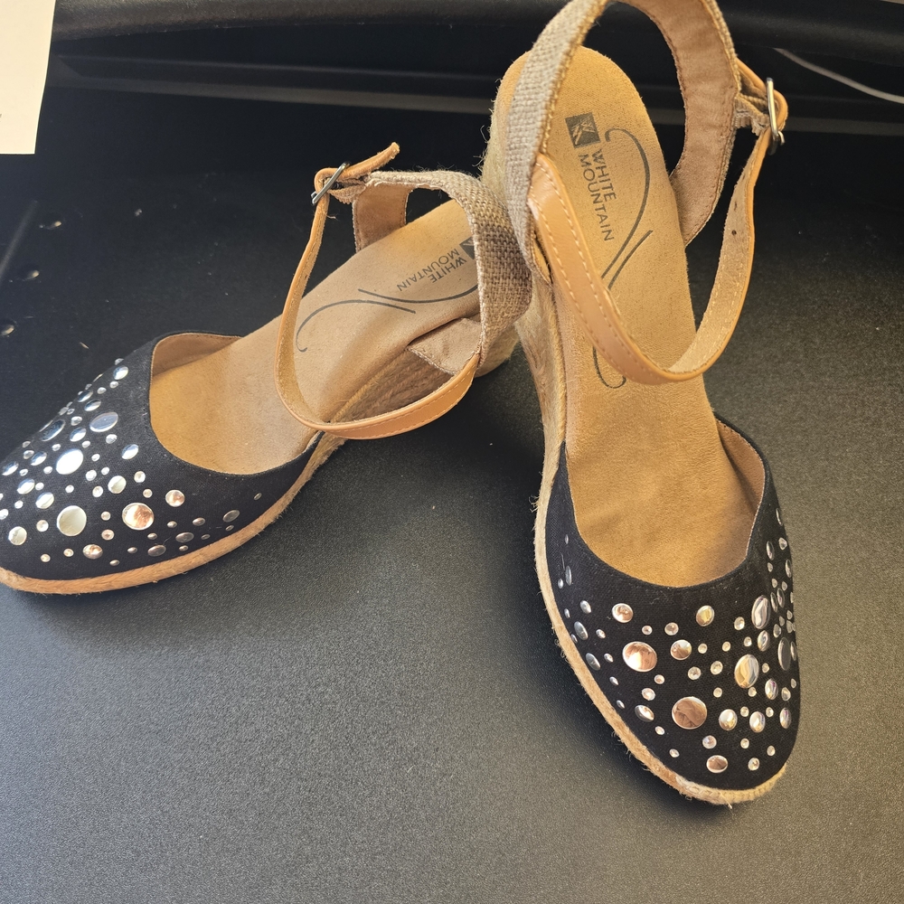 White Mountain Black Embellished Ankle-Strap Espradrille Wedges Size 7.5